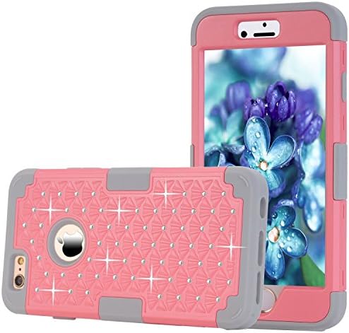 iPhone 6 Plus/6S Plus Case 5.5 Inch ALLW Hybrid Silicone Polycarbonate Protective case Shock Resistant Embedded with Bling Crystal Rhinestones Durable Sparkly Stylish (Light Pink+Grey)
