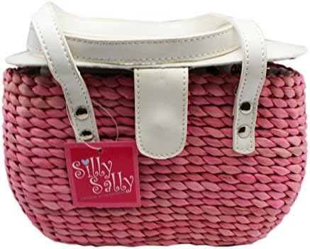 Braided Pink & White Raffia Straw Wicker Handbag