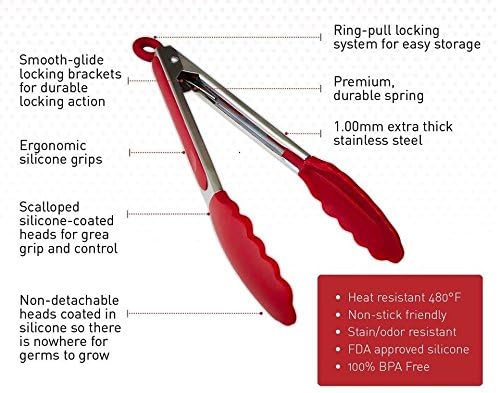 Kitchen Tongs, Viggiz Stainless Steel Silicone Tongs - BBQ Grill Tongs 2 Pack (9-Inch & 12-Inch) For Kitchen, BBQ, Serving (Cherry Red)