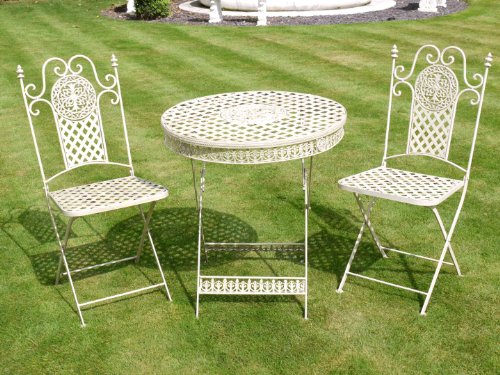 Antique White Wrought Iron 3 Piece Bistro Style Garden Patio Furniture Set top Bistro sets Antique White Wrought Iron 3 Piece Bistro Style Garden Patio Furniture Set picture