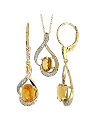 14k Gold Dangle Earrings (19mm tall) & 18 in. Pendant-Necklace Set, w/ 0.20 Carat Brilliant Cut Diamonds & 3.64 Carats Oval Cut (7x5mm) Citrine Stones