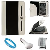 IMAGE OF Black with White Portfolio Jacket Leather Case for Sony PRS-950 e-reader + Clear Screen Protector + White USB Car Charger with LED Power Indicator + SumacLife TM Wisdom Courage Wristband