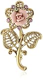 1928 Jewelry Gold-Tone Pink Crystal and Porcelain Rose Filigree Brooch thumbnail