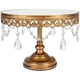 "Anastasia Collection" Antique Small Mirror Top Cake Stand with Crystal Dangles and Beads, Diameter 10" (Gold)