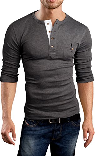 Grin&Bear Slim Fit 3/4 Sleeve Henley Shirt T-Shirt, charcoal, XL, BH108