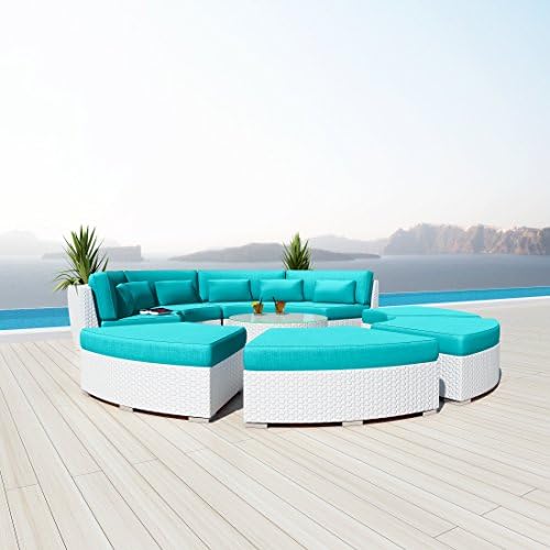 NEW Uduka Modavi 9pcs Outdoor Round Sectional Patio Furniture White Wicker Sofa Set Turquoise All Weather Couch