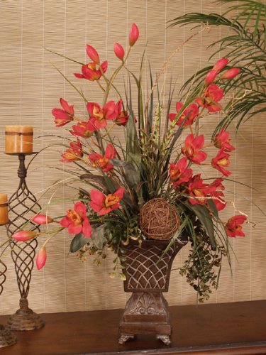 Red Cymbidium Silk Orchids & Grass O110-70