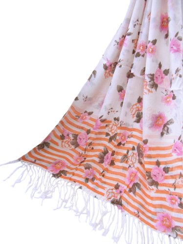 サーモンピンク花×ボーダー柄ストール / 花柄 ボーダー柄 ストール フェミニン