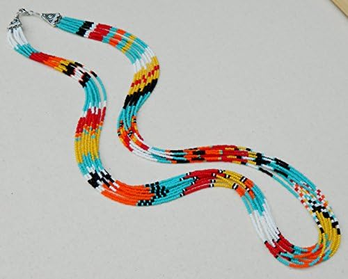 Southwest style long Aztec seed bead patterned statement necklace. Black, white, red, orange, yellow, turquoise. Entwine Art