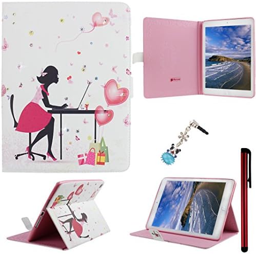 Ancerson® PU Leather Case for Apple iPad Air 2 (iPad 6) 9.7" Butterfly Love Heart Air Balloon Laptop Swivel Chair Polka Dot Daisy Flower Plum Blossom Mint Green Red Yellow White Stripe Shopping Bag Cup Bling Crystal Diamond Colorful Printed Protective Flip Folio Folding Stand Pouch Shell Skin Free with a Red Stylus Touchscreen Pen, a 3.5mm Universal Crystal Diamond Rhinestones Bling Lovely Silvery Flower Blue Panda Pendant Dust Plug (Office Lady Pink Hot Pink Drees High Heeled Shoes)