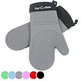 Grey Silicone Oven Mitts - 1 Pair of Extra Long Professional Heat Resistant Potholder Gloves - Oven Mitt Set of 2