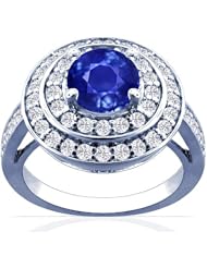 18K White Gold Round Cut Blue Sapphire Ring With Sidestones