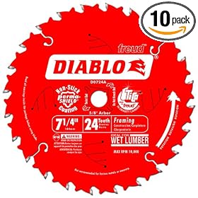Freud D0724A Diablo 7-1/4-Inch 24 Tooth ATB Framing Saw Blade with 5/8-Inch and Diamond Knockout Arbor, 10 Pack