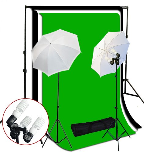 StudioFX 1200 Watt Photo Studio 3 Bulb Holder Lighting Kit Photo Video / 6 x 45w Bulbs / (3) 10' x 10' Muslin Backdrop Green, White, Black / 2 Snow White Umbrella