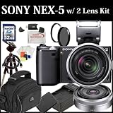 Sony Alpha Nex-5 Interchangeable Lens Digital Camera (Black) Dual Lens Kit with Sony E-series 18-55mm F/3.5-5.6 OSS Lens W/shade & Sony E-Mount SEL16F28 16mm f/2.8 Wide-Angle Alpha E-Mount Lens + 32GB SDHC Memory Card, Extra FW50 Battery Pack, Travel Charger, UV Filter, Rotating Circular Polarizer Filter, Fluid Head Tripod and much much more...