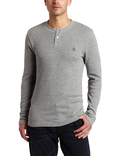 Original Penguin Mens Face Two-Toned Waffle Thermal Shirt, Rain Heather, Small