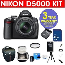 Nikon D5000 12.3 MP DX Digital SLR Camera with 18-55mm f/3.5-5.6G VR Lens and 2.7-inch Vari-angle LCD + 4 GB Memory Card + 6 Piece Accessory Kit + Camera Holster Case + Multi-Coated Glass UV Filter + 3 Year Warranty Repair Contract