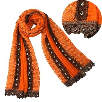 Acrylic & Wool Fashion Embroidered Flowers And Rivets Sequins Knitted Long Scarf Shawl - Orange