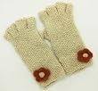Handmade and Knitted by Hand Artisan Pure Alpaca Natural Fiber Gloves - Soothing Honey Ivory with Crocheted Flower (One-of-a-kind/Women/Teens)