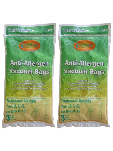 6 HEPA Panasonic U, U-3 & U-6 Riccar, Simplicity, Bernina Type A, Fuller Brush Style U, Belvedere AllergyUpright Vacuum Cleaner Bags, MC-V145M, MC-115P, MC-V5000 thru MC-V5099, MC-V7300 thru MC-V7399, MC-V6200 thru MC-V6299