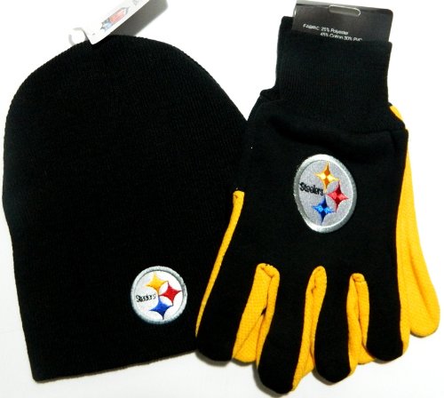 Pittsburgh Steelers NFL Licensed Black Knit Beanie and Utility Glove Set Hat Gift