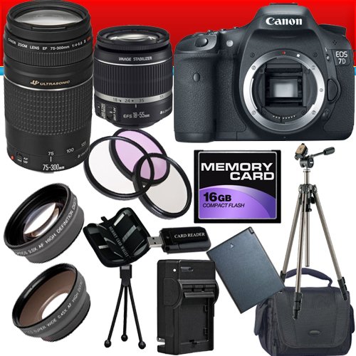 Canon EOS 7D 18 MP CMOS Digital SLR Camera w/ Canon EF-S 18-55mm f/3.5-5.6 IS Lens & Canon EF 75-300mm f/4-5.6 III Telephoto Zoom Lens LPE6 Battery/Charger Wide Angle / Telephoto Lenses Filter Kit 16GB Tripod Super Bundle Canon EOS 7D 18 MP CMOS Digital SLR Camera w/ Canon EF-S 18-55mm f/3.5-5.6 IS Lens & Canon EF 75-300mm f/4-5.6 III Telephoto Zoom Lens LPE6 Battery/Charger Wide Angle / Telephoto Lenses Filter Kit 16GB Tripod Super Bundle