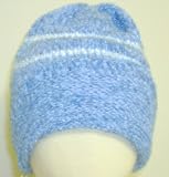 Knitted on Hand Knitting Machine Denim Chenille Blue Chenille Trim Infant Boys Hat with Earflap and Pom Pom