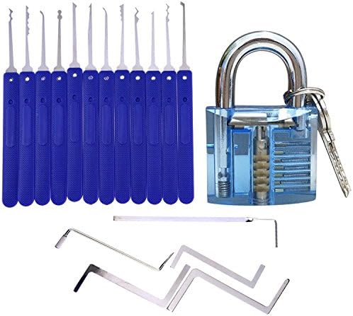 Onkee 17 Pieces Lock Pick Set Tools + Crystal Blue Visable Cutaway Practice Padlock with 2 Keys for Professional Locksmiths Training and Beginner Learning