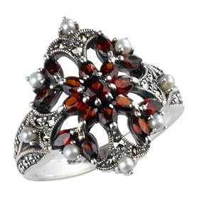 Garnet Fire Burst Silver Natural Seed Pearl Ring