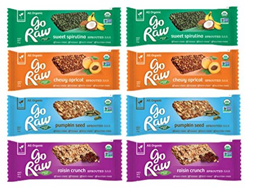 Go Raw Organic Gluten-Free Sprouted Small Bars 4 Flavor Sampler Bundle: (2) Sweet Spirulina Bars, (2) Go Raw Raisin Crunch Bars, (2) Chewy Apricot Bars, & (2) Pumpkin Seed Bars, .5-.4 Oz Ea (8 Bars)