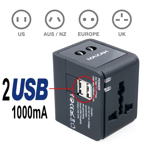 MAXAH® 2 USB charging Port (1A) Universal All In One Travel Home Wall EU USA UK AU Plug Charger Adapter Adaptor.