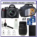 Nikon D3000 10MP Digital SLR Camera w/ 18-55mm f/3.5-5.6G AF-S DX VR Nikkor Zoom Lens w/ Sigma 70-300mm f/4-5.6 DG Macro Autofocus Lens for Nikon AF + Two (2) 8GB Card + EN-EL9a Battery + Case + Accessory Kit