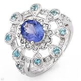 Stylish Ring with 1.95 CTW Precious Stones - Genuine round Diamonds, Tanzanite and Topazes Made of 14K White Gold