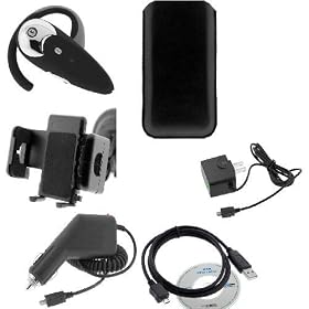 Rapid Car Charger + Home Travel Charger + SYnc Transfer USB Data Cable + Bluetooth Headset + Car Mount Holder + Black Vertical Soft Pouch Case for Verizon Motorola Droid A855 Cell Phone