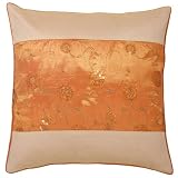 Decorative Handmade Cushion Cover / Pillow Sham With Gold Floral Design - Orange & Beige