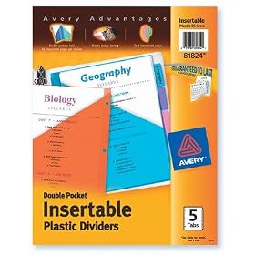 Avery 81824 Big Tab Two-Pocket Insertable Plastic Dividers 81824, 5-Tab Set