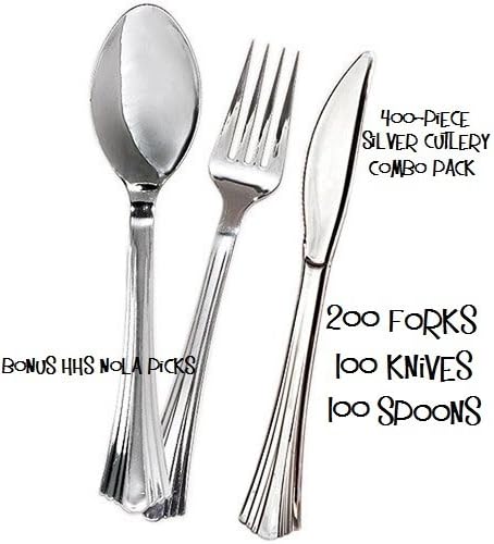 400 Pieces Reflections Like Silver Plastic Silverware, Cutlery Combo for 100 People includes 200 Forks, 100 Knives, 100 Spoons