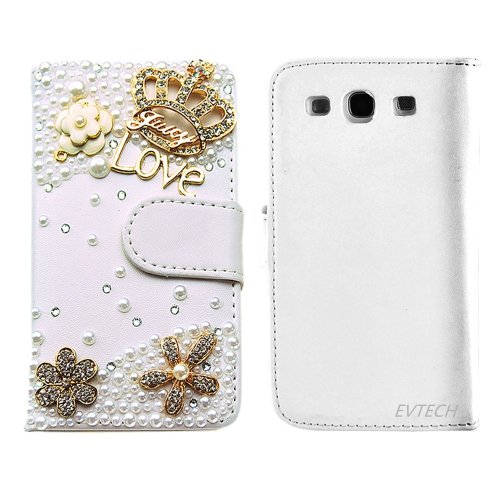 EVTECH(TM) Bling Crystal Crown Rhinestone Flower Pearl Diamond Design Sparkle Glitter Leather Wallet Type Magnet Flip Case Cover for Samsung Galaxy S3 I9300 T-Mobile T999 L710 Sprint/T999 T-Mobile/i747 AT&amp;T/i535 Verizon(100% Handcrafted)
