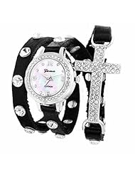 Black Leather CZ Sideways Cross Wrap Watch