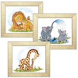 Jungle Theme Childrens Wall Art, Kids Wall Art, Nursery Wall Art - Giraffes, Lions, Elephants, 3 Frame Collection