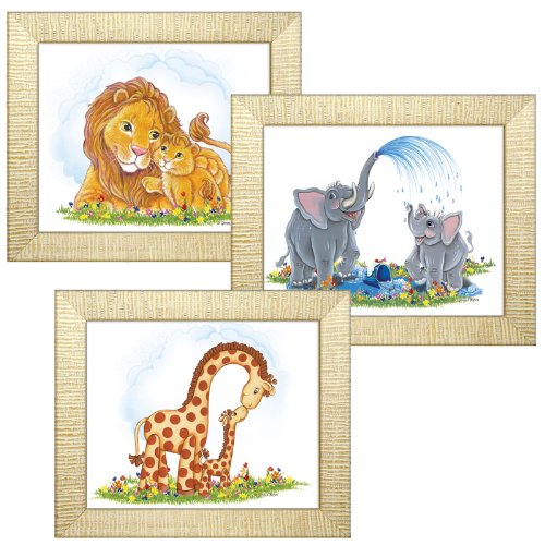 Jungle Theme Childrens Wall Art, Kids Wall Art, Nursery Art – Giraffes, Lions, Elephants, 3 Frame Collection, 11″ x 14″, White