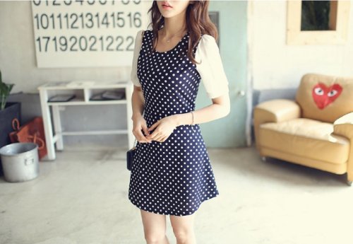 ドット柄 切り替え 半袖 ラウンドネック ワンピース ドレス フォーマル 結婚式 2次会 パーティー チュニック 美脚 スカート ブラウス バスト オールインワン コンビネゾン シャツブラウス チュニックシャツ セットアップ カジュアル レディース 春物 夏物 可愛いスカーフ付き T-209