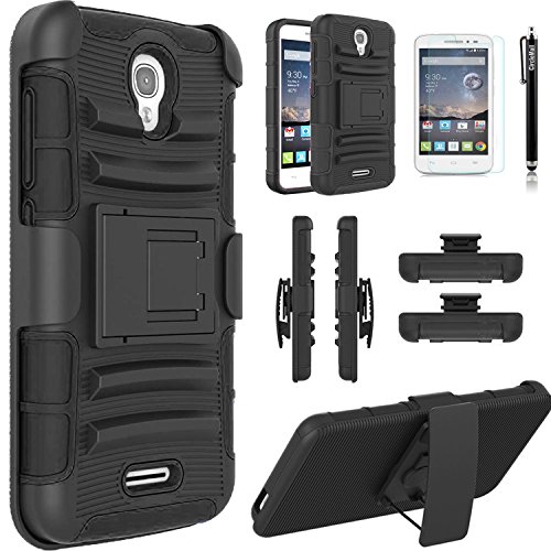 OneTouch POP Astro Case, Alcatel OneTouch POP Astro Case, Combo Rugged Shell Cover Holster with Built-in Kickstand and Holster Locking Belt Clip Black + Circle(TM) Stylus Touch Screen Pen And Screen Protector