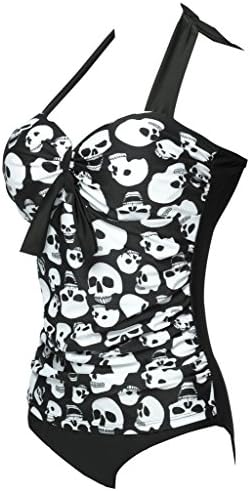 Tokymoon Womens Retro Black Skull One Piece Swimsuit Pin Up Monokinis XXXL