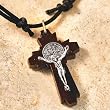 Durable Nylon String Necklace - 1.75" Dark Brown Wood Crucifix with Silver Corpus & Medal - Made in Italy