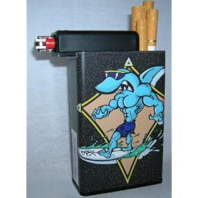 Cigarette Case Shark Surfing with Built on Lighter Holder