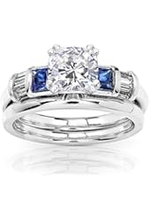 Cushion Moissanite Sapphire and Diamond Bridal Rings Set 1 1/2ct (ctw) in 14k White Gold