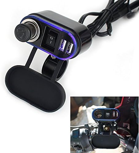 Xseries Auto waterproof 5V 2.1A 1A Dual 2 USB Phone 12V Motorcycle Handlebar Handle Bar Clamp Charger Power Port Socket Set,Motorcycle USB Charging System,blue LED light,come with Cigarette lighter