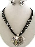 Fashion Jewelry ~ Abalone Metal Heart Charm with Cord Necklace and Earrings Set