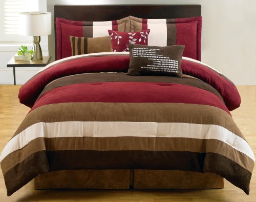 7-pieces Burgundy Brown Beige Micro Suede Comforter Set Bed-in-a-bag Queen 7-pieces Burgundy Brown Beige Micro Suede Comforter Set Bed-in-a-bag Queen